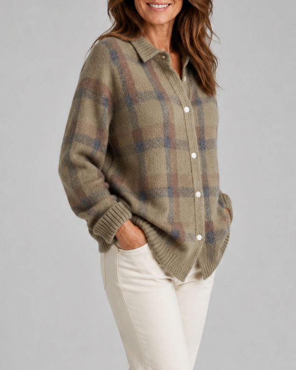 Cardigan en maille à carreaux pour femme, avec boutonnage sur le devant et col