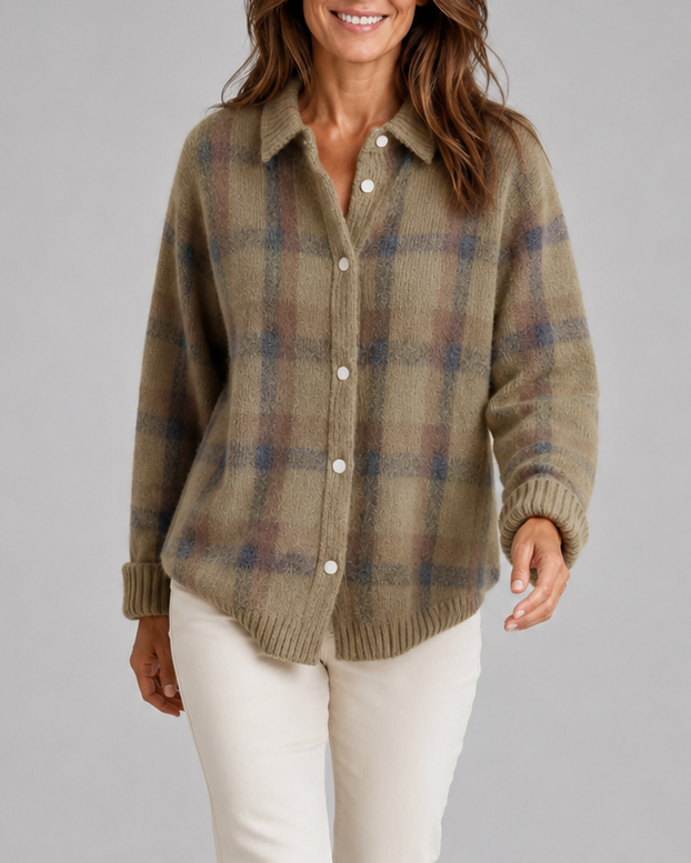 Cardigan en maille à carreaux pour femme, avec boutonnage sur le devant et col