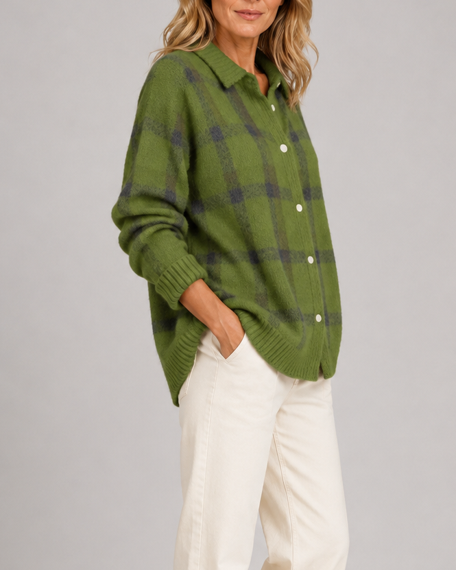 Cardigan en maille à carreaux pour femme, avec boutonnage sur le devant et col