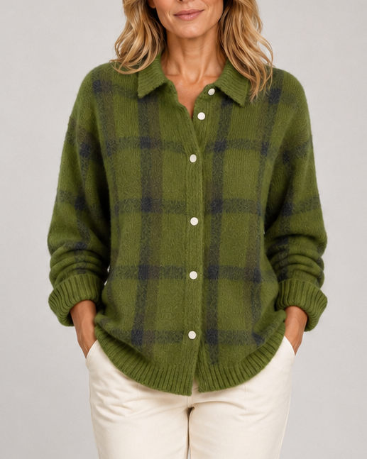 Cardigan en maille à carreaux pour femme, avec boutonnage sur le devant et col