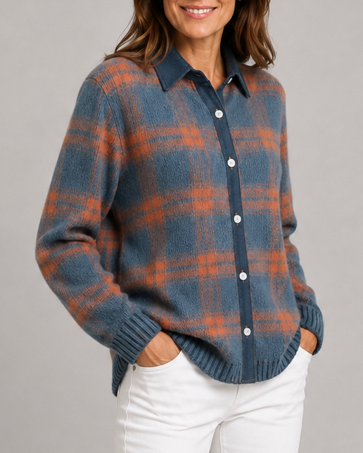 Cardigan en maille à carreaux pour femme, avec boutonnage sur le devant et col