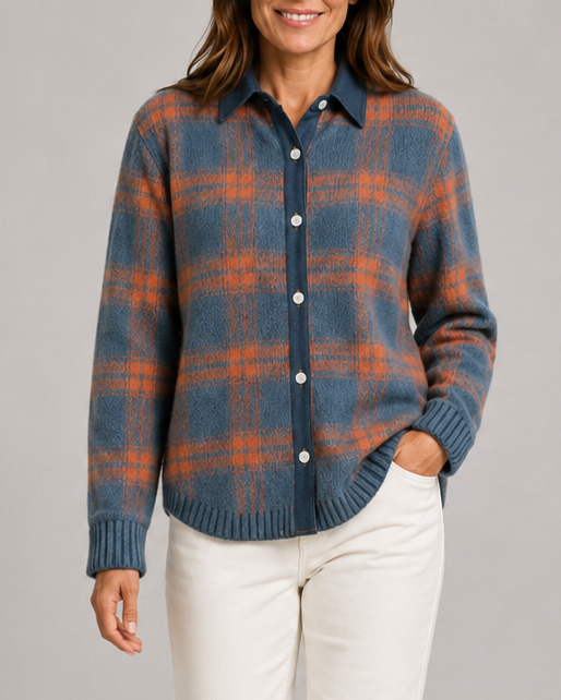 Cardigan en maille à carreaux pour femme, avec boutonnage sur le devant et col