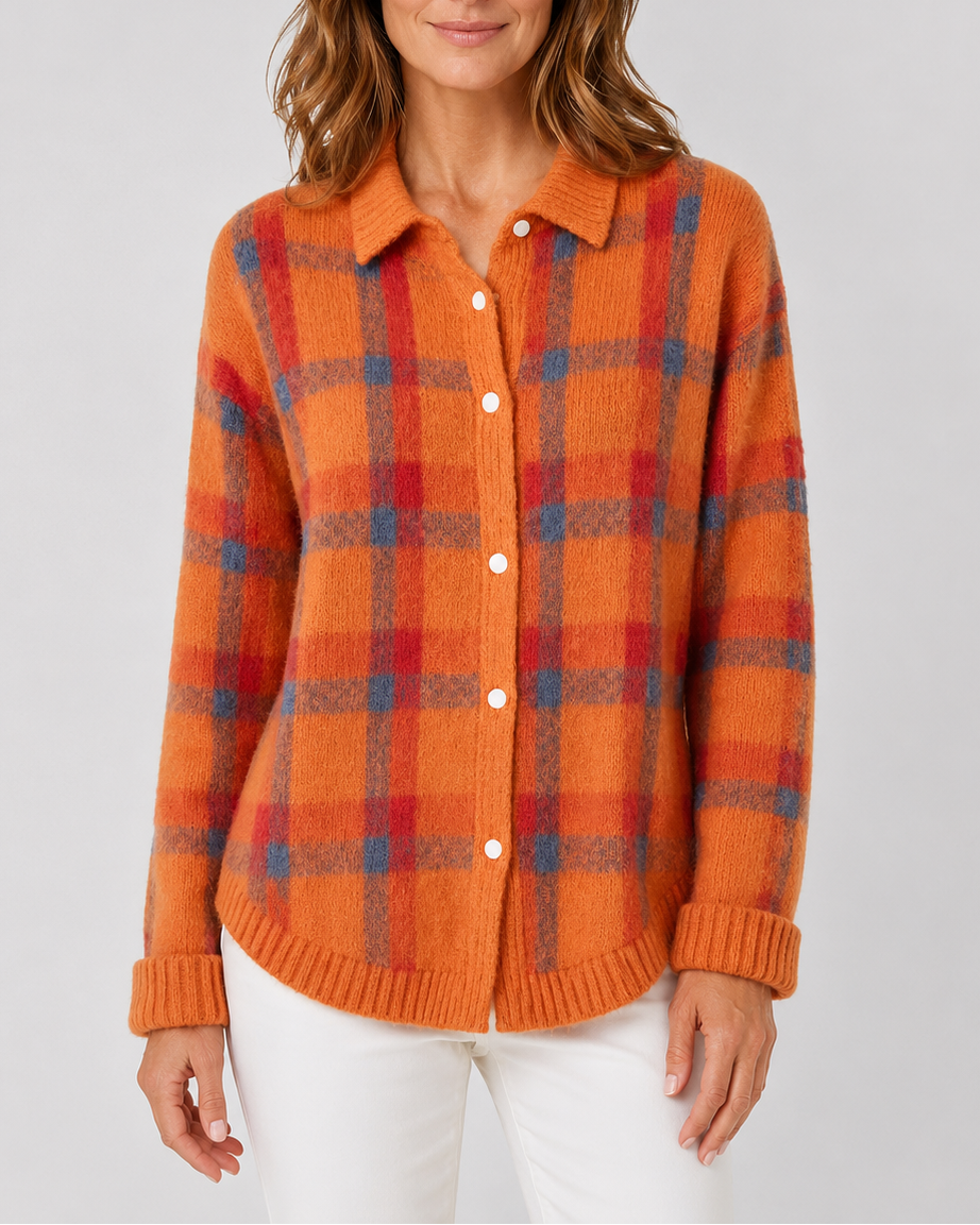 Cardigan en maille à carreaux pour femme, avec boutonnage sur le devant et col