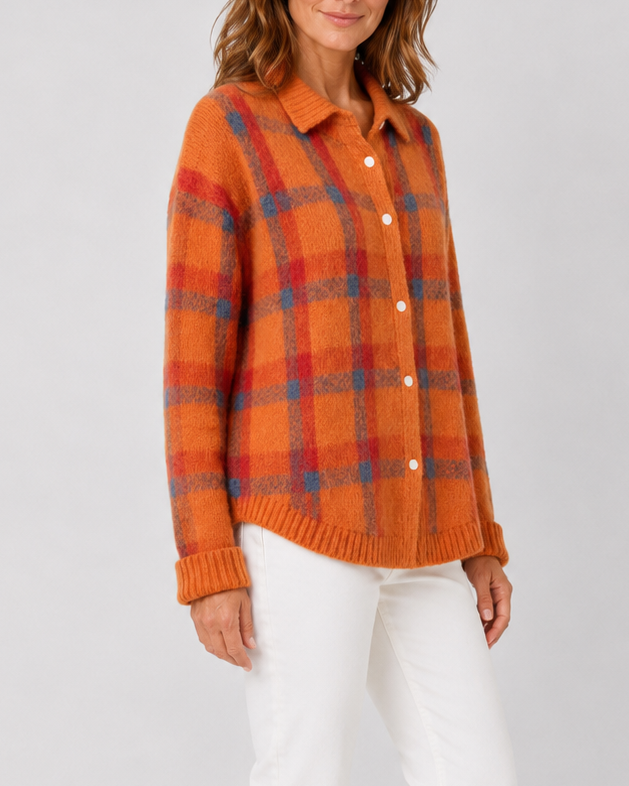 Cardigan en maille à carreaux pour femme, avec boutonnage sur le devant et col