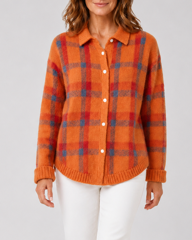 Cardigan en maille à carreaux pour femme, avec boutonnage sur le devant et col