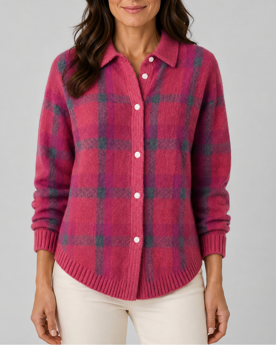 Cardigan en maille à carreaux pour femme, avec boutonnage sur le devant et col