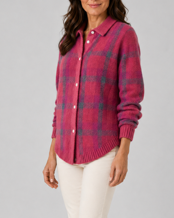 Cardigan en maille à carreaux pour femme, avec boutonnage sur le devant et col