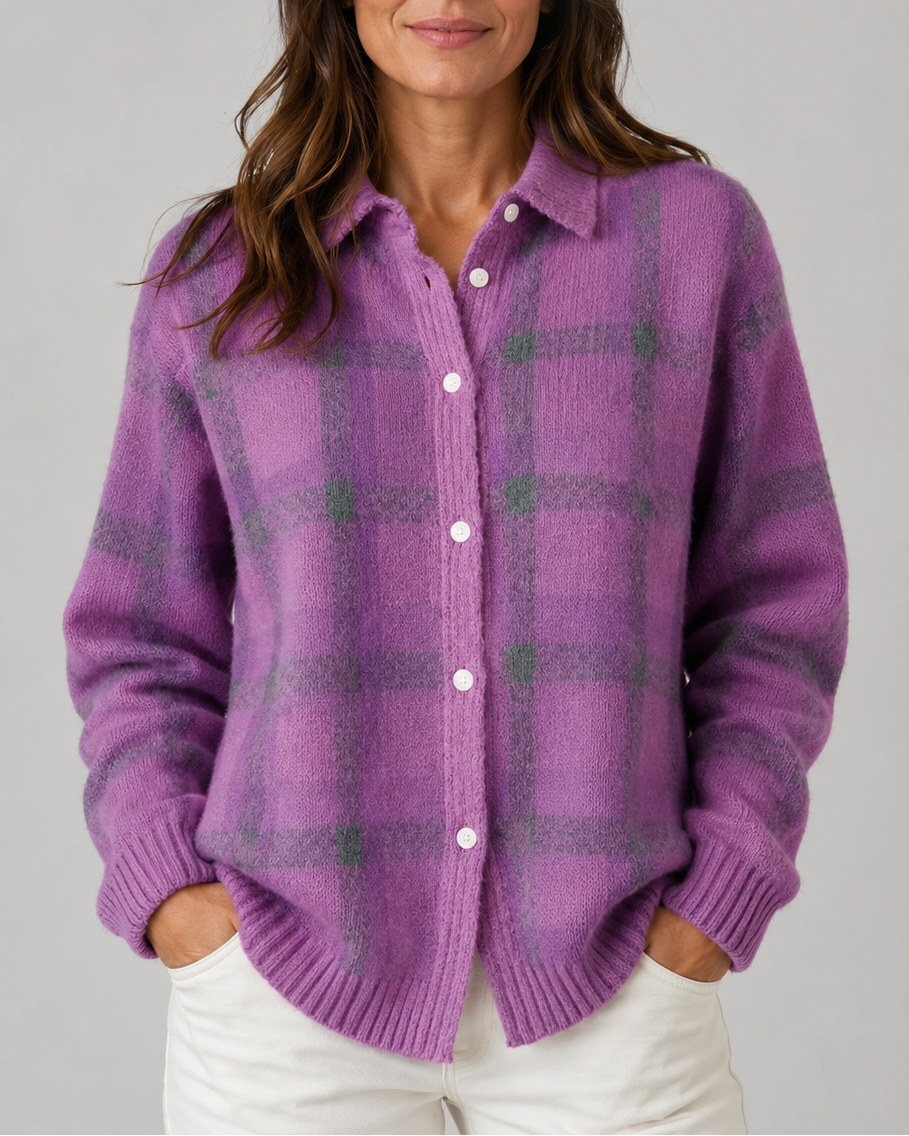 Cardigan en maille à carreaux pour femme, avec boutonnage sur le devant et col