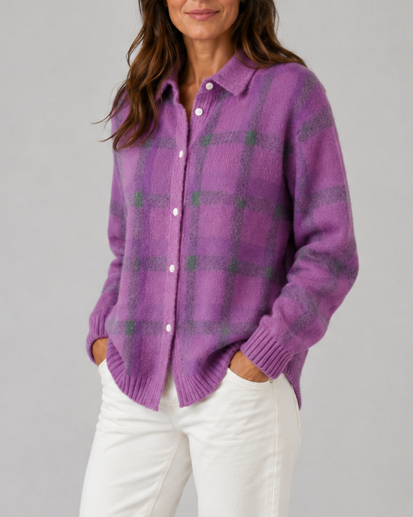 Cardigan en maille à carreaux pour femme, avec boutonnage sur le devant et col