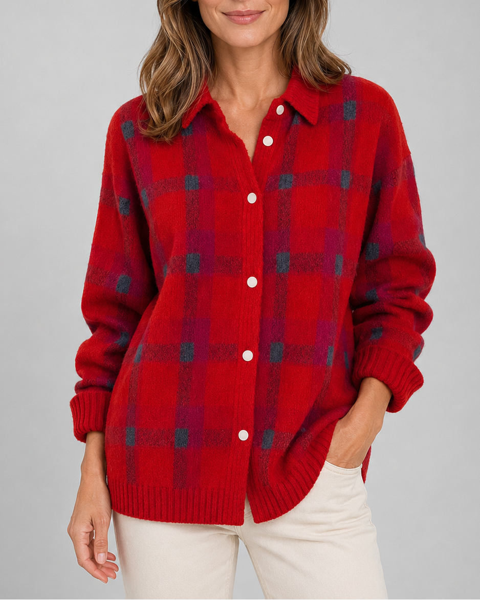 Cardigan en maille à carreaux pour femme, avec boutonnage sur le devant et col