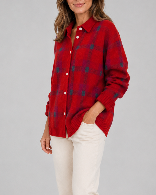 Cardigan en maille à carreaux pour femme, avec boutonnage sur le devant et col