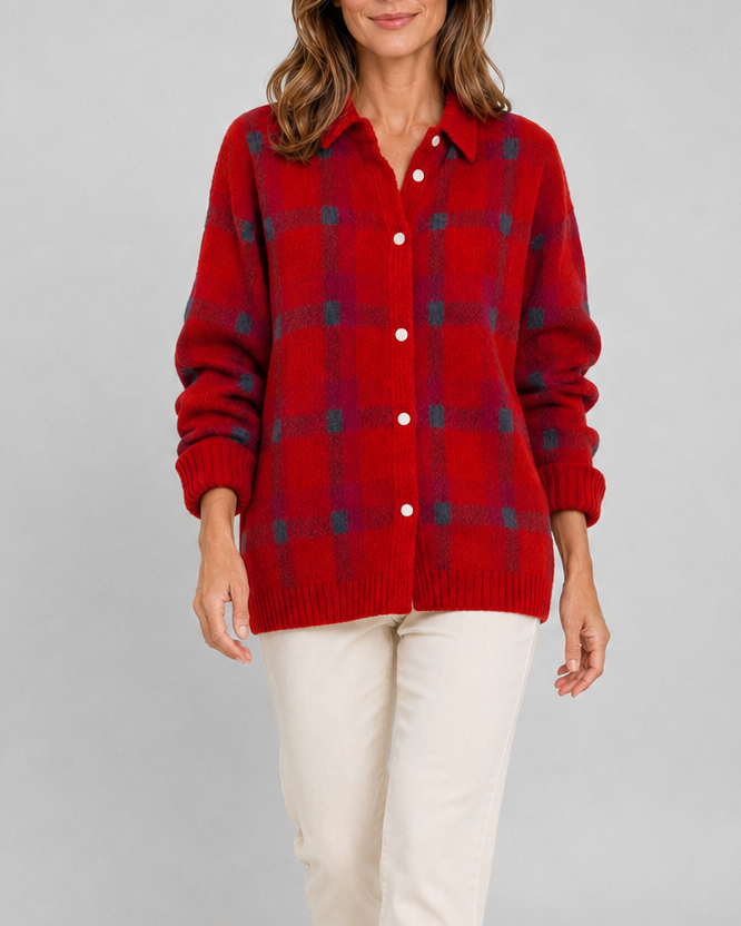 Cardigan en maille à carreaux pour femme, avec boutonnage sur le devant et col