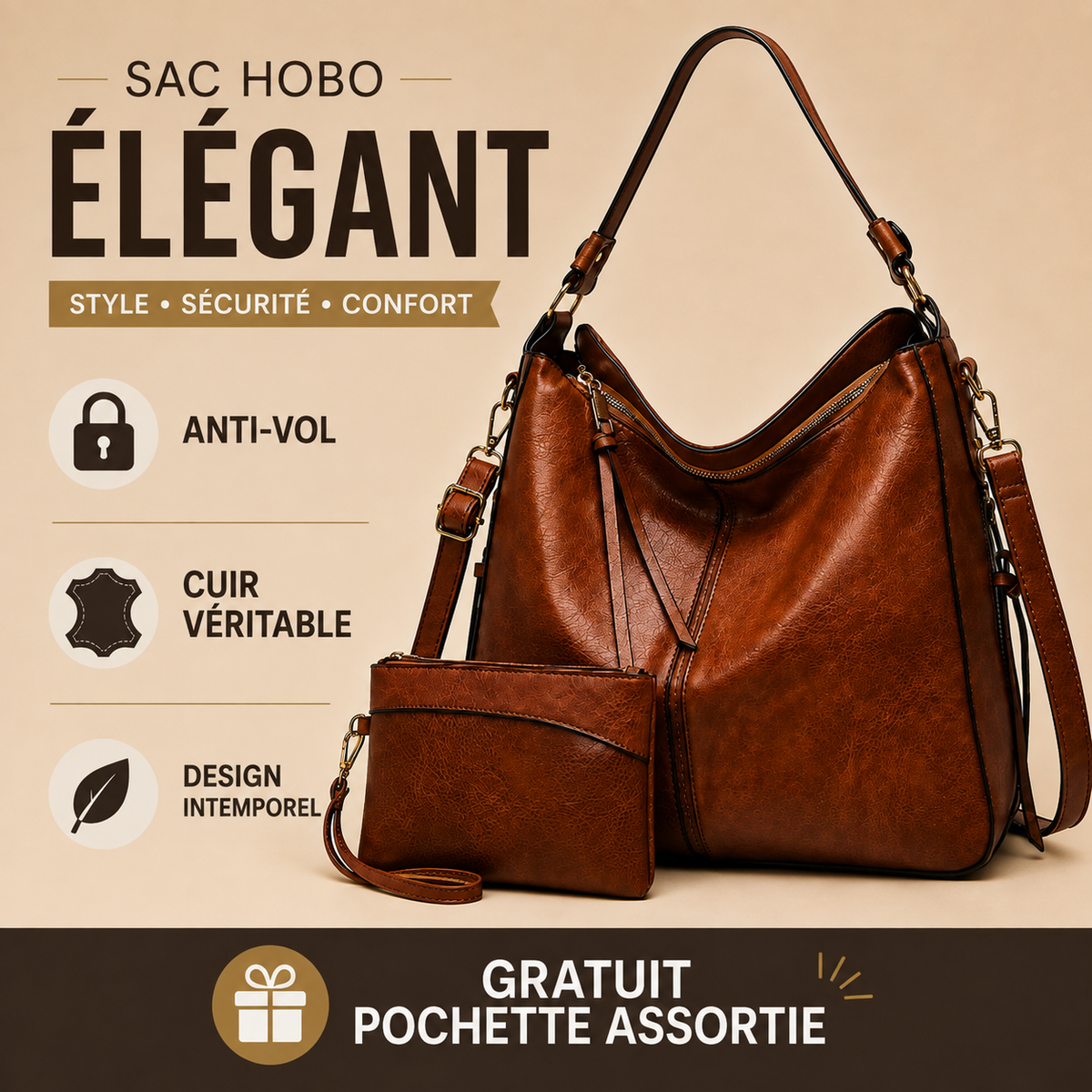 Agathe | Sac en Cuir Antivol + Pochette Offerte