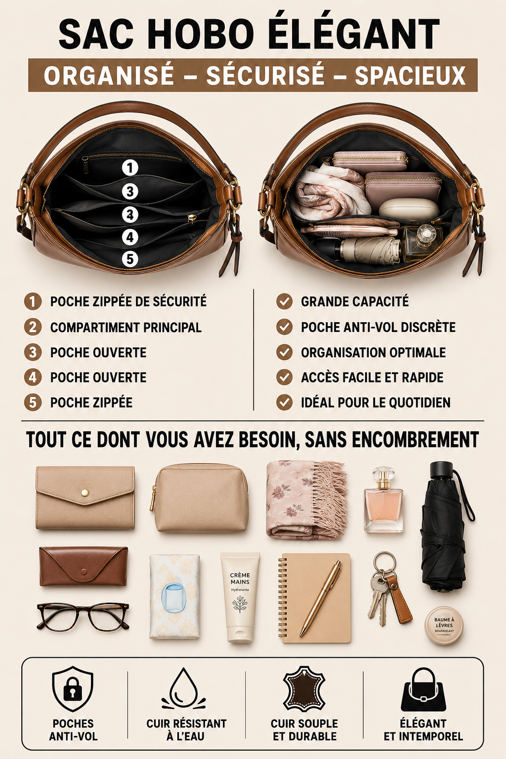 Agathe | Sac en Cuir Antivol + Pochette Offerte